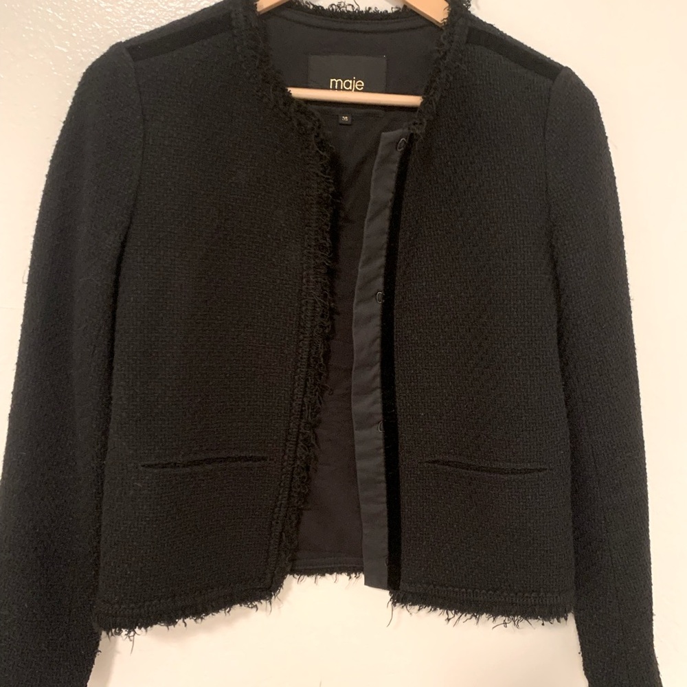 Maje Vala Fringe Jacket, Black Boucle/ Velvet Trim,  size 36 / US 6